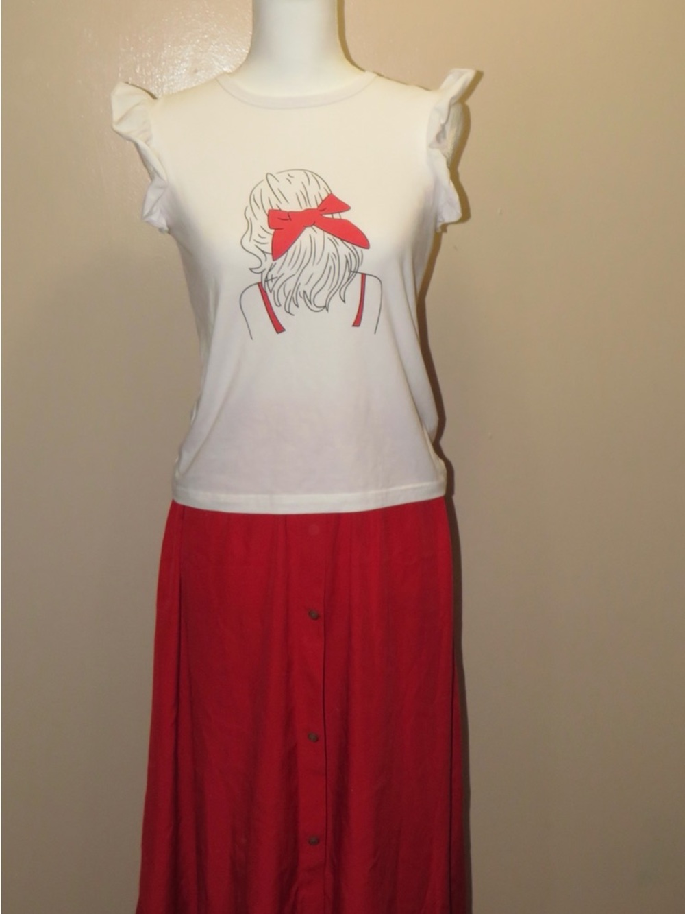 SHEIN Girl’s White Ruffle Sleeve Graphic Top with Red Maxi Skirt. Size 16 years